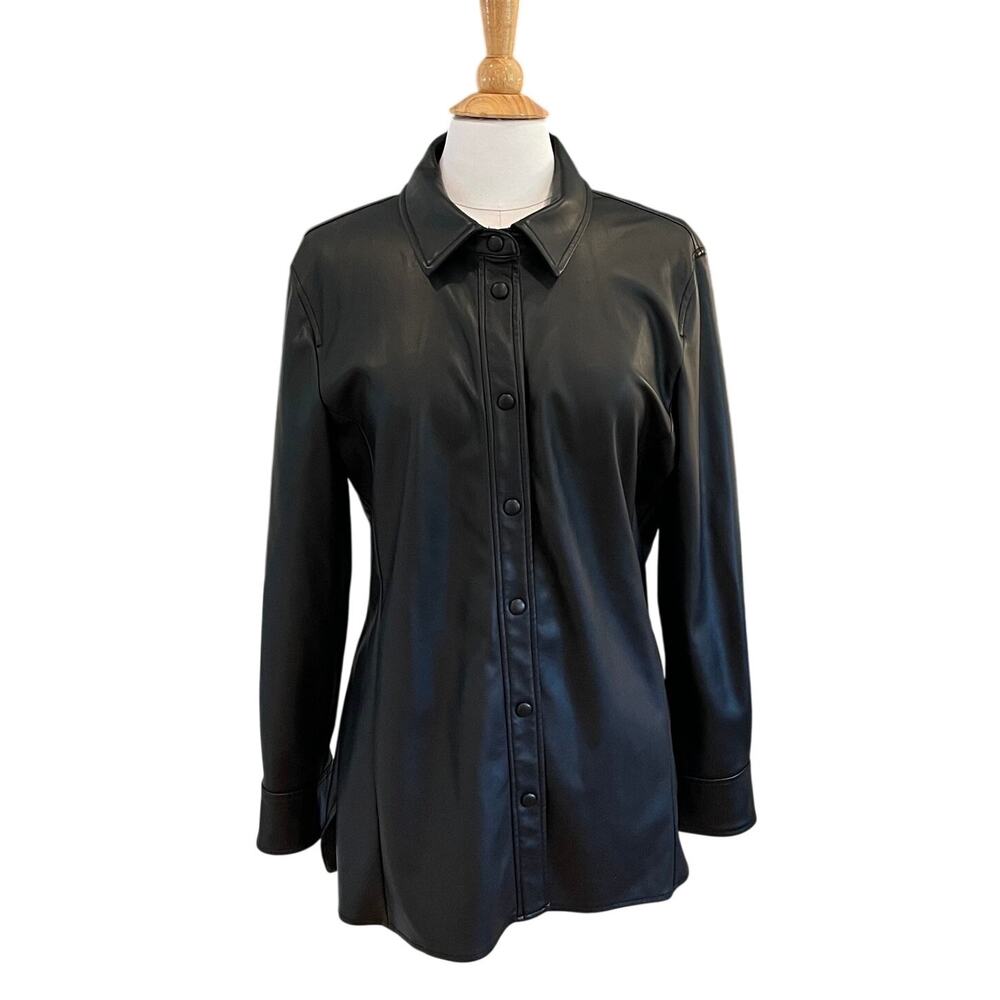 7 For All Mankind Black Faux Leather / Vegan Leather Shirt Jacket, Size L